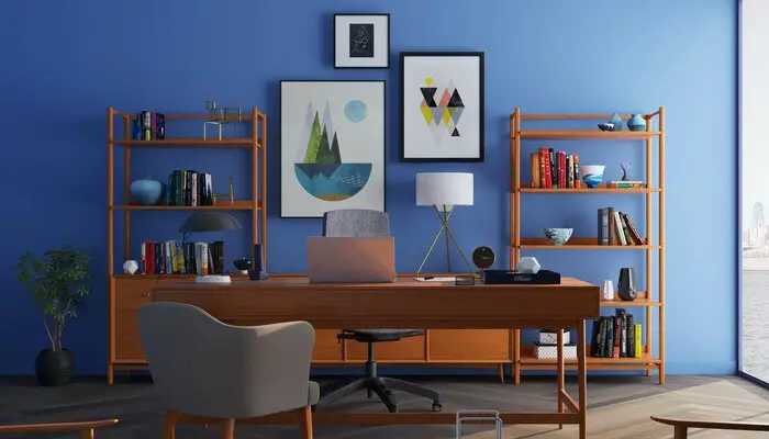 Office Furniture With Desk, Chairs, and Bookshelf